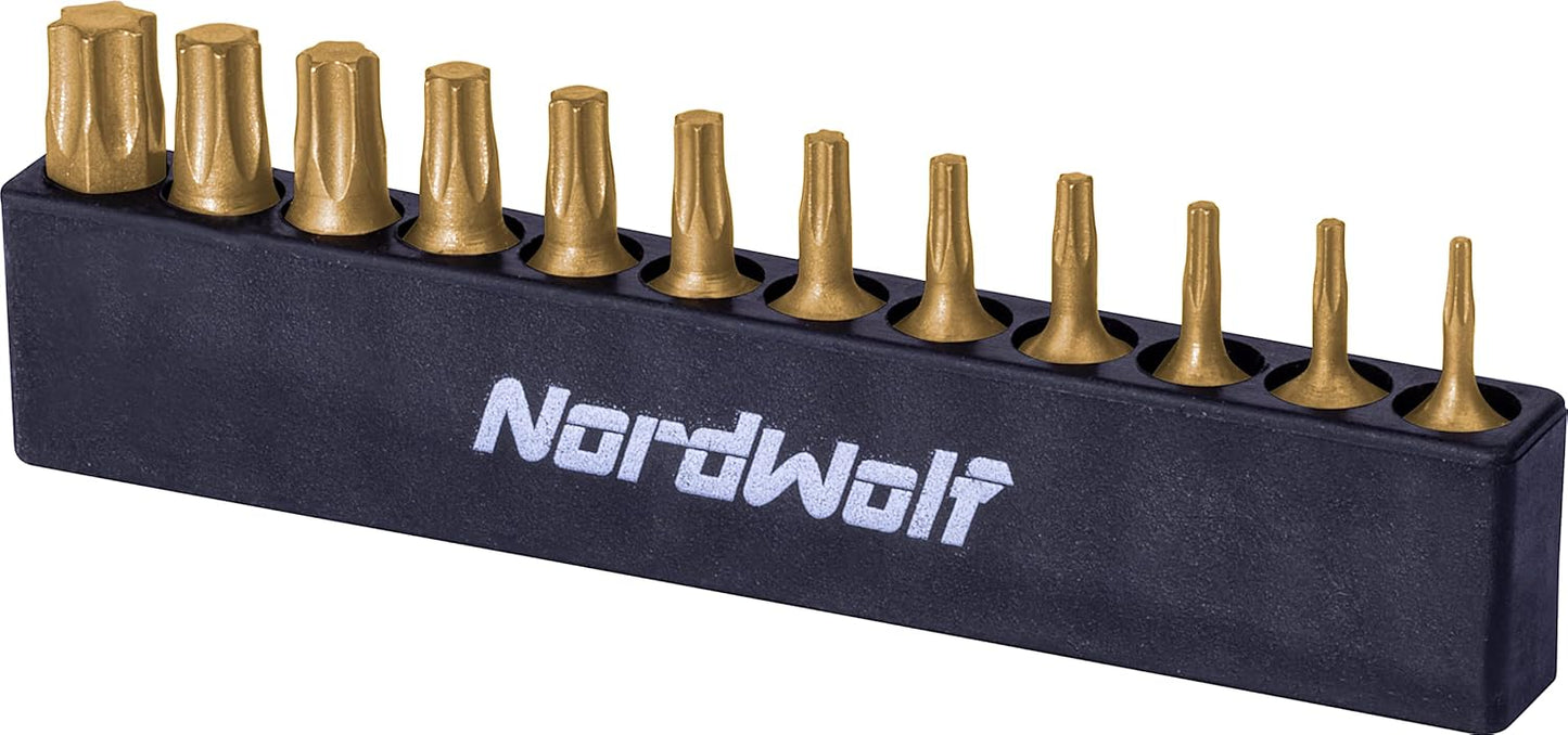 NordWolf 12-Piece Torx Bit Set, S2 Alloy Steel with Titanium Nitride Coating 6 Point Screwdriver Star Bits, Sizes T5 to T40