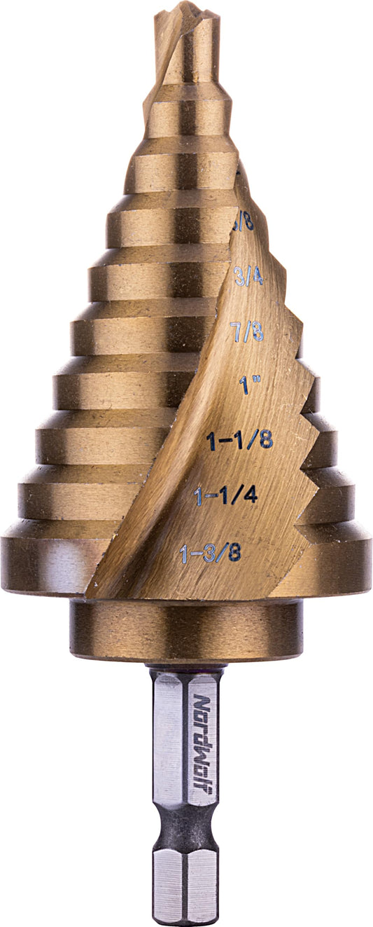 NordWolf HSS Titanium Step Drill Bit, Spiral Groove Double Flute Multiple Hole Unibit for Sheet Metal, 10 SAE Step Sizes 1/4" to 1-3/8"