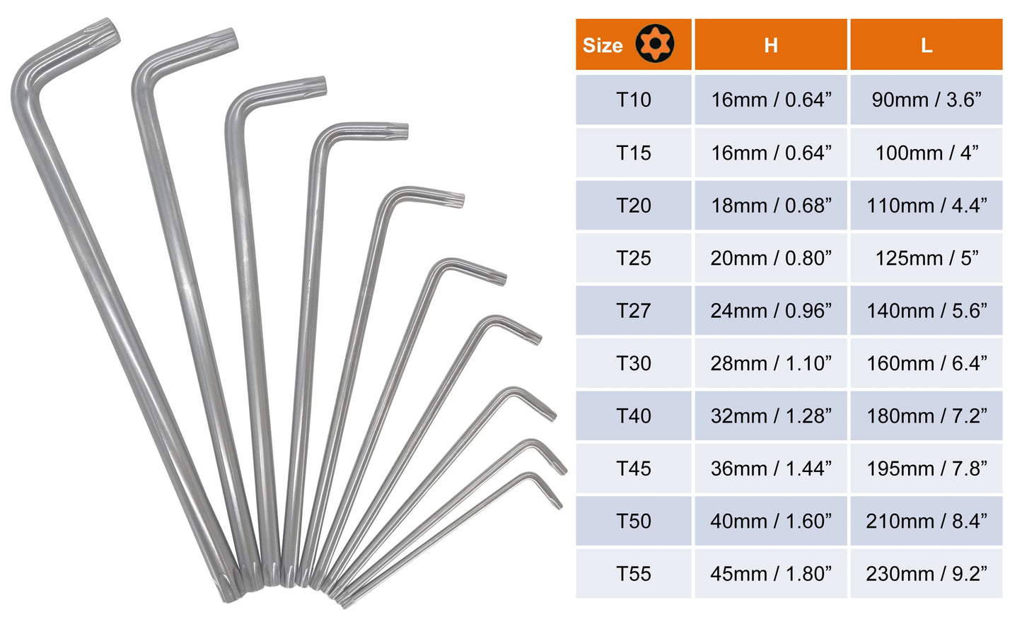 NordWolf 10-Piece Torx Wrench Set, S2 Steel Long Arm Security Star Keys, Sizes T10 to T55