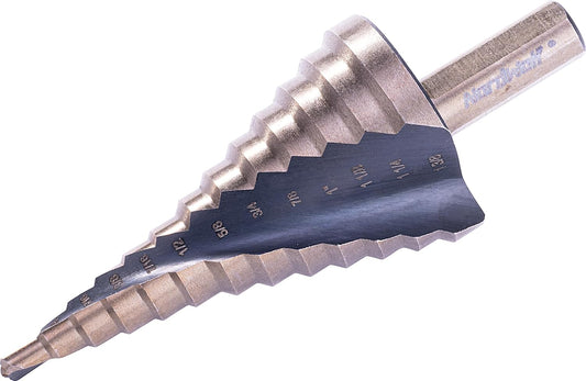 NordWolf M35 Cobalt Step Drill Bit, Spiral Groove Double Flute Multiple Hole Unibit for Stainless Steel & Metal Sheet, 13 SAE Step Sizes 3/16" to 1-3/8"