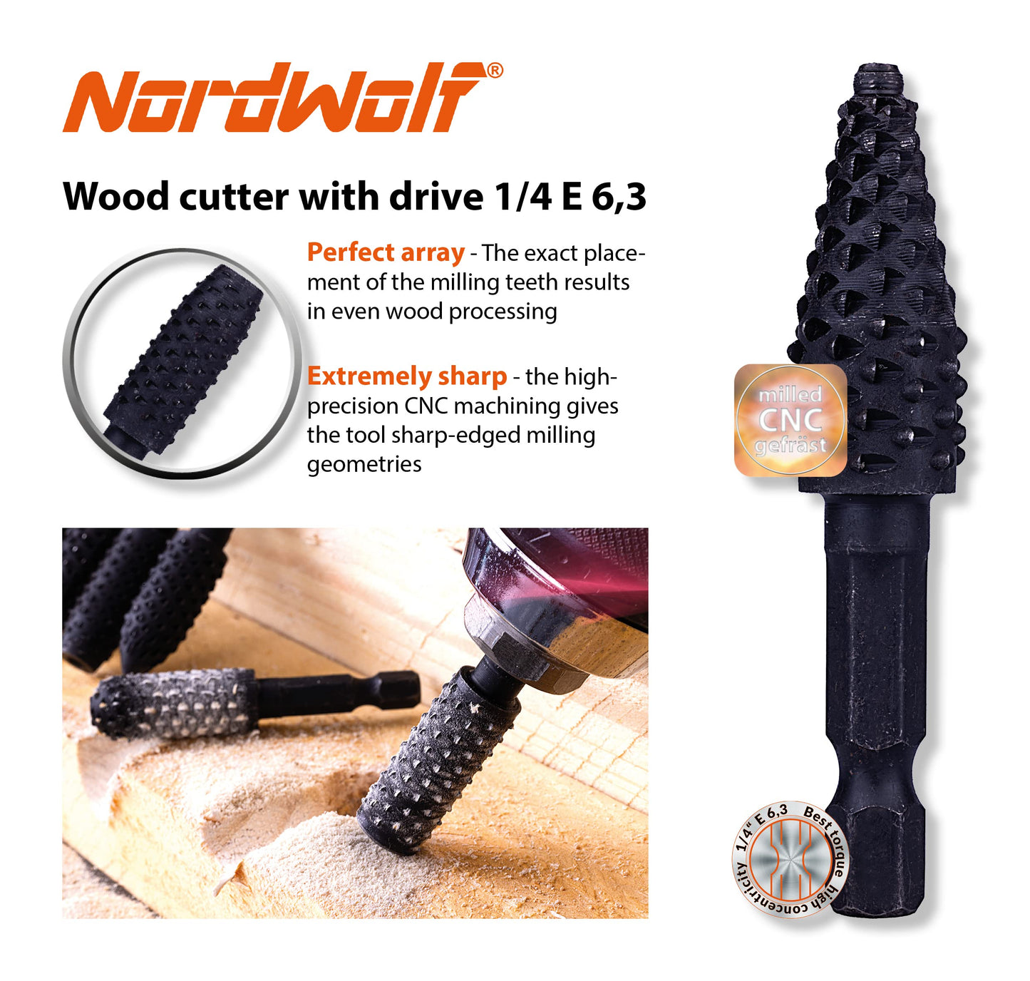 NordWolf 10-Piece Rotary Burr Wood Carving Rasp Files Set, with 1/4" Hex Shank for Wood & Rubber Deburring, Shaping and Grooving