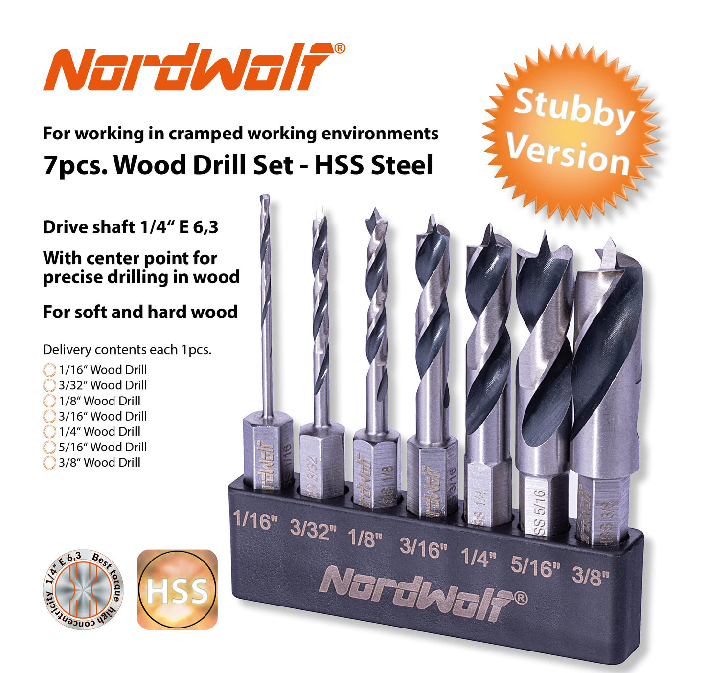 NordWolf 12-Piece Brad Point Wood Drill Bit Set for Carpenter Woodworking, Double Flutes Design with 1/4" Hex Shank, SAE Sizes 1/8" to 1/2"