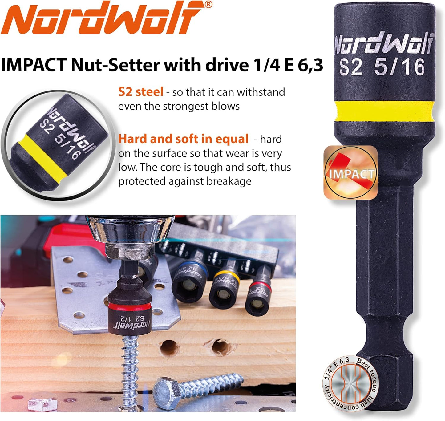 NordWolf 5-Piece SAE Nut Driver Set, S2 Steel Impact Magnetic Nut Setters, Imperial Sizes 1/4"-5/16"-3/8"-7/16"-1/2"