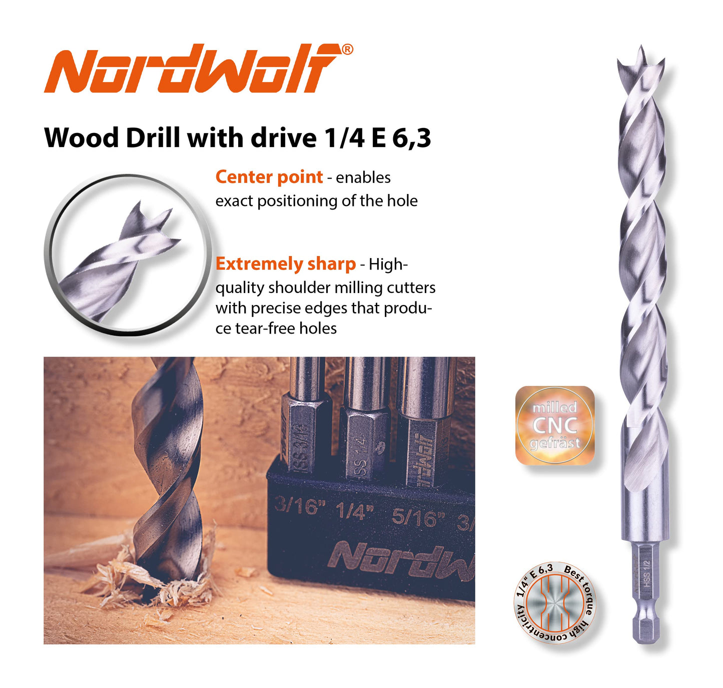 NordWolf 12-Piece Brad Point Wood Drill Bit Set for Carpenter Woodworking, Double Flutes Design with 1/4" Hex Shank, SAE Sizes 1/8" to 1/2"