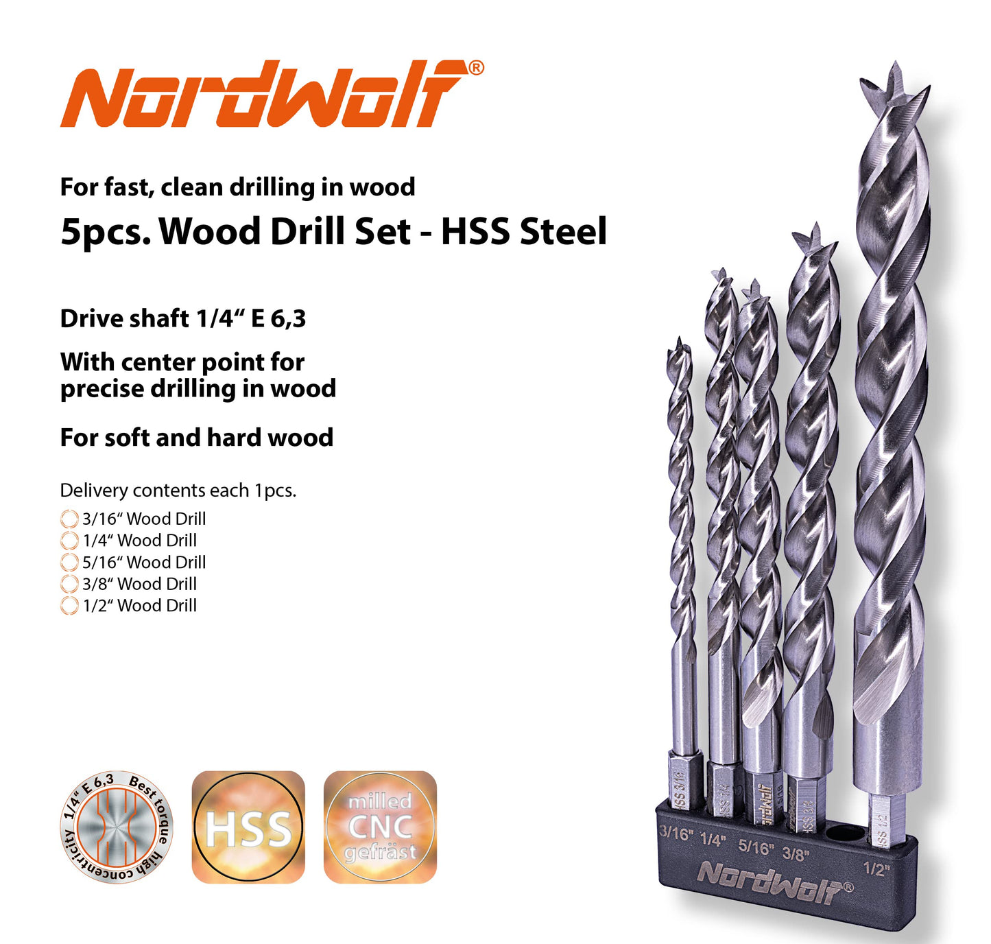 NordWolf 12-Piece Brad Point Wood Drill Bit Set for Carpenter Woodworking, Double Flutes Design with 1/4" Hex Shank, SAE Sizes 1/8" to 1/2"