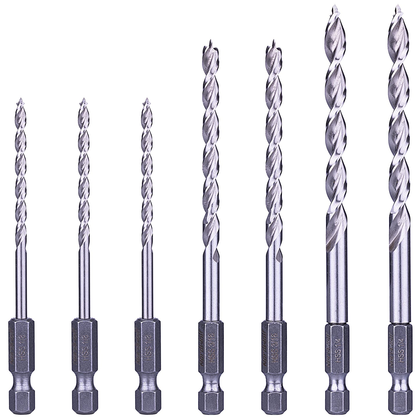 NordWolf 12-Piece Brad Point Wood Drill Bit Set for Carpenter Woodworking, Double Flutes Design with 1/4" Hex Shank, SAE Sizes 1/8" to 1/2"