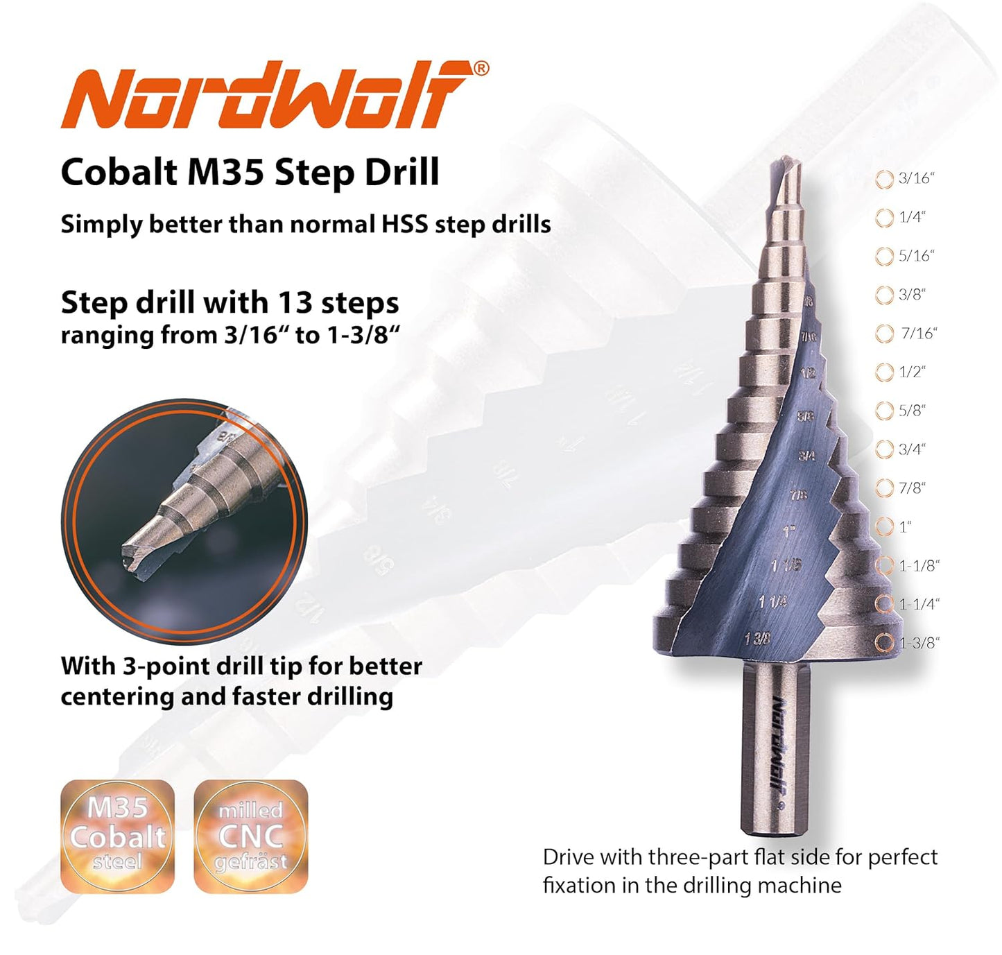 NordWolf M35 Cobalt Step Drill Bit, Spiral Groove Double Flute Multiple Hole Unibit for Stainless Steel & Metal Sheet, 13 SAE Step Sizes 3/16" to 1-3/8"