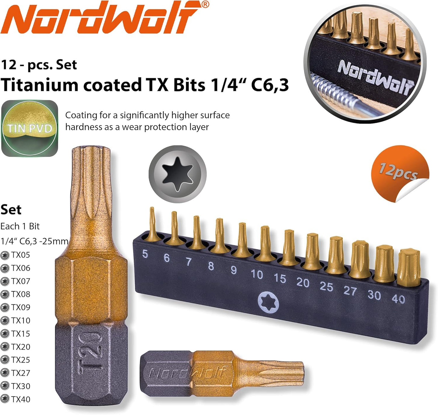 NordWolf 12-Piece Torx Bit Set, S2 Alloy Steel with Titanium Nitride Coating 6 Point Screwdriver Star Bits, Sizes T5 to T40