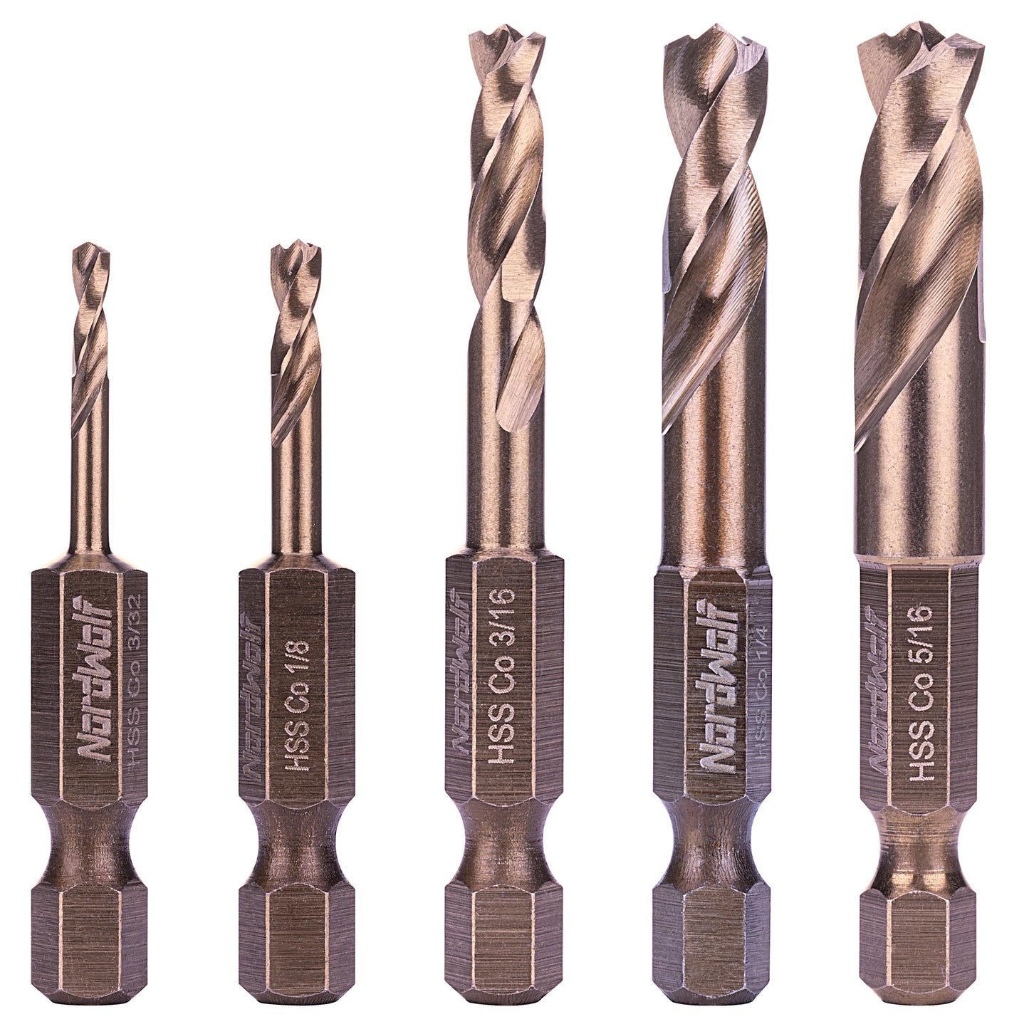 NordWolf 5-Piece M35 Cobalt Stubby Drill Bit Set for Stainless Steel & Hard Metals, with 1/4" Hex Shank for Quick Chucks & Impact Drivers, SAE Sizes 3/32"-1/8"-3/16"-1/4"-5/16" in Storage Case