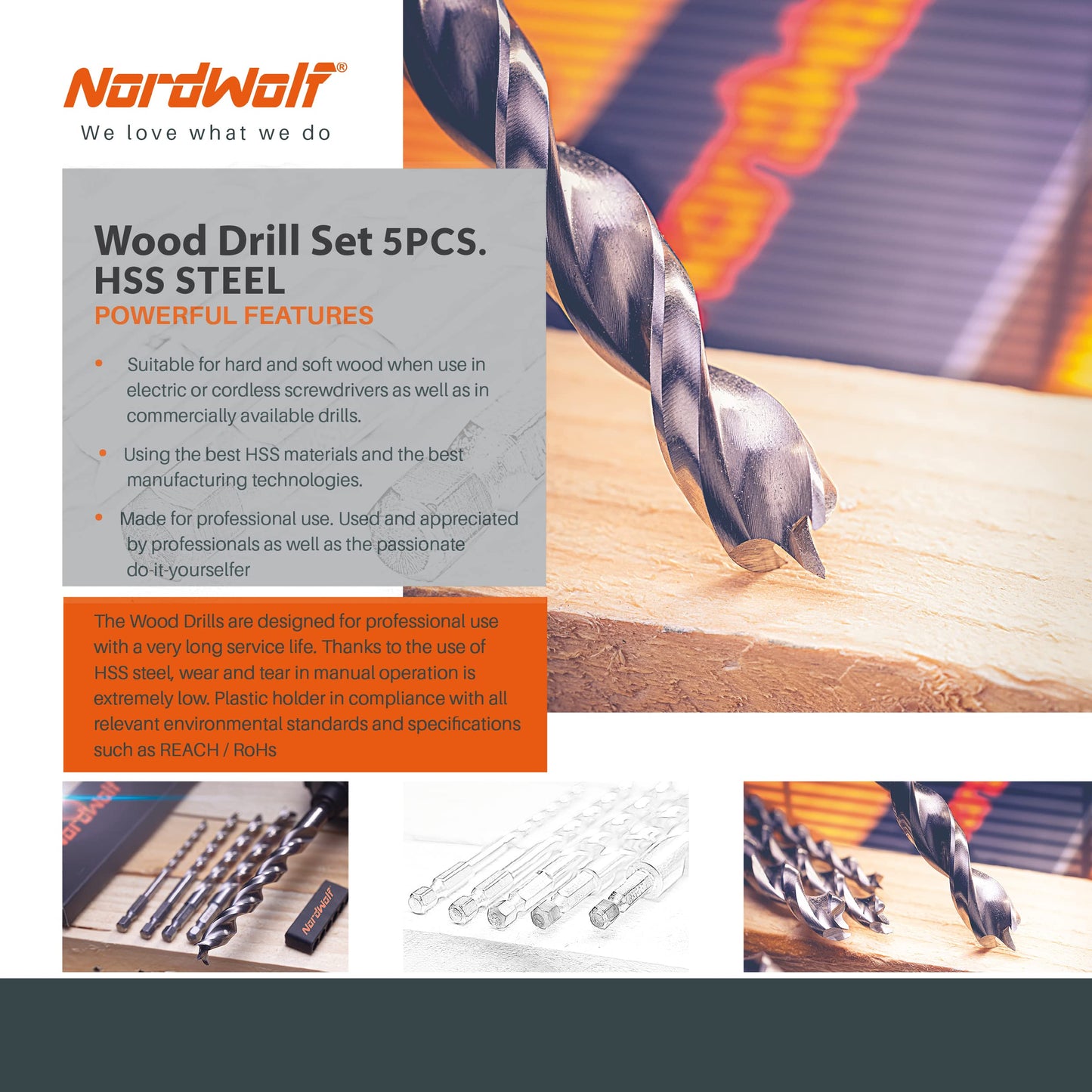 NordWolf 12-Piece Brad Point Wood Drill Bit Set for Carpenter Woodworking, Double Flutes Design with 1/4" Hex Shank, SAE Sizes 1/8" to 1/2"