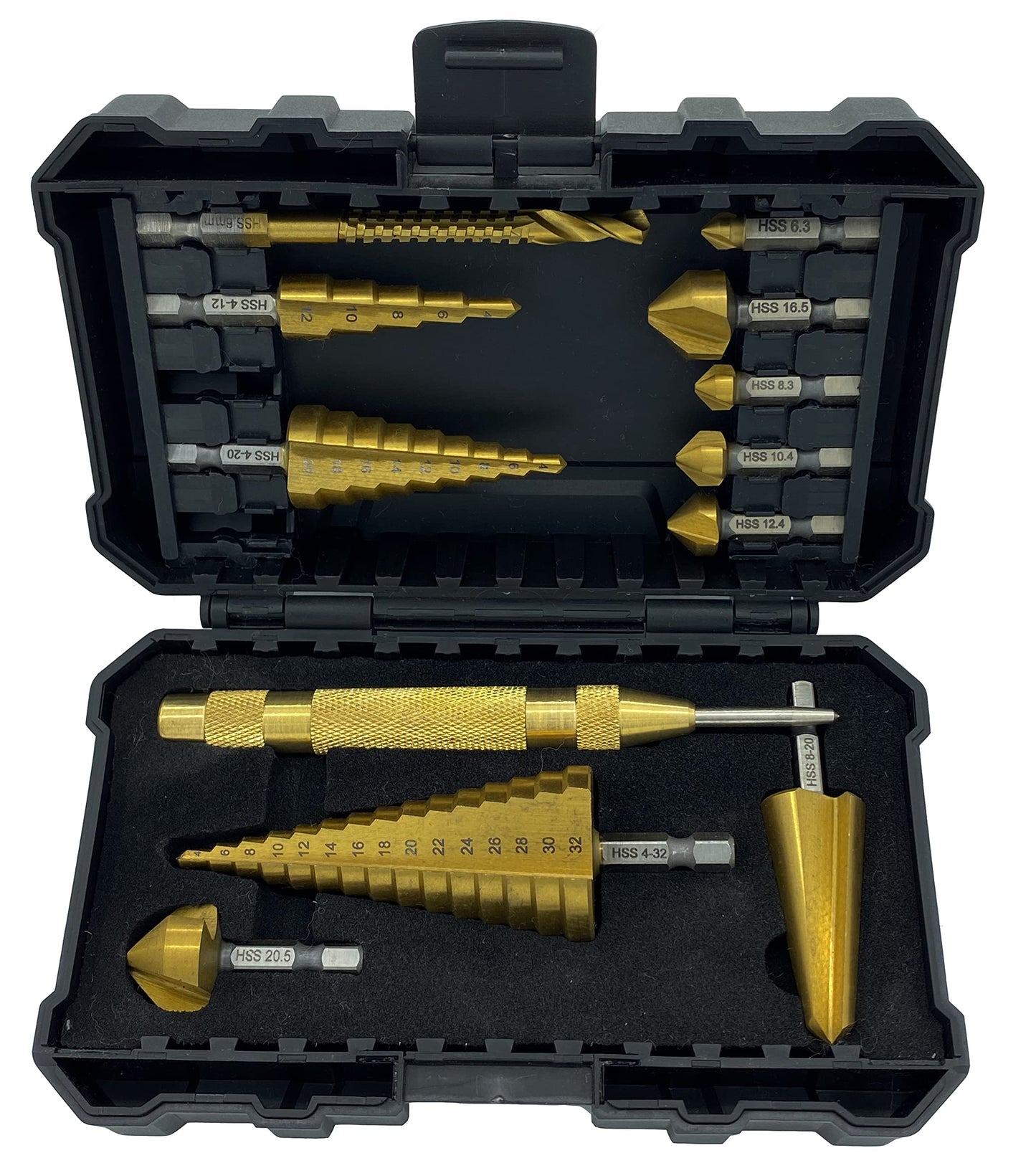 NordWolf 12-Piece HSS Titanium Metric Step, Countersink, Cone Drills with 1/4" Hex Shank, Multi Drill Saw & Automatic Center Punch Combination Set in Storage Case