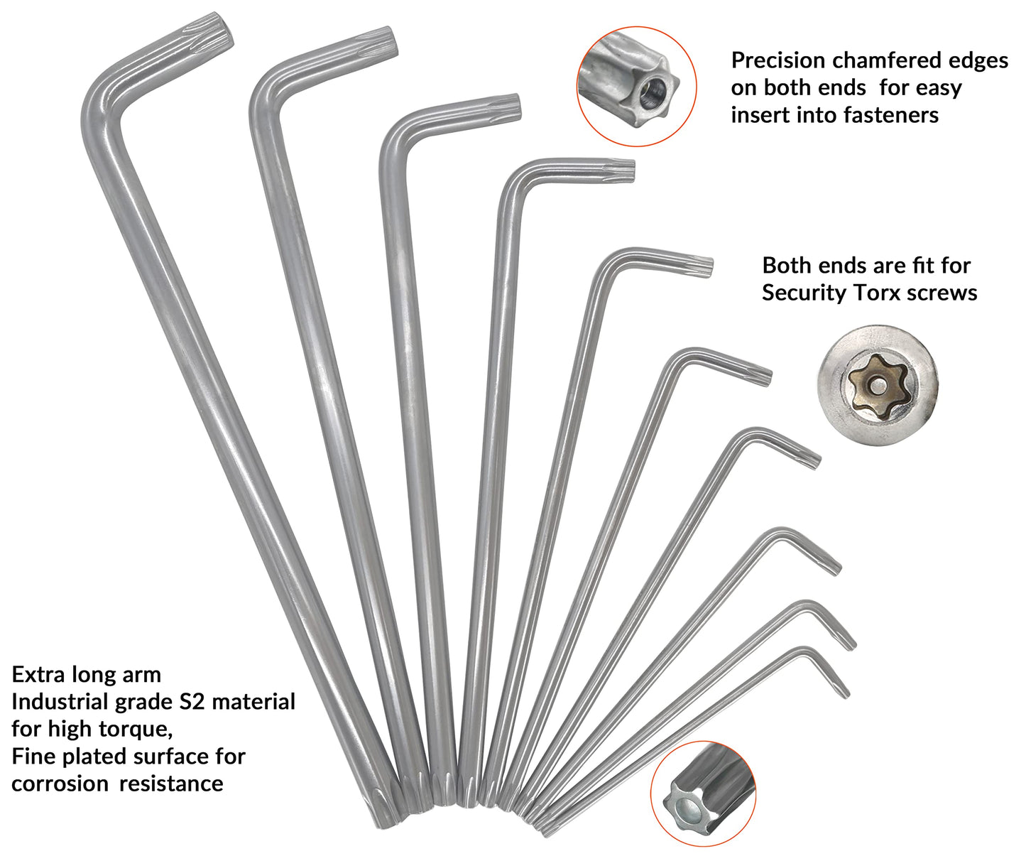 NordWolf 10-Piece Torx Wrench Set, S2 Steel Long Arm Security Star Keys, Sizes T10 to T55