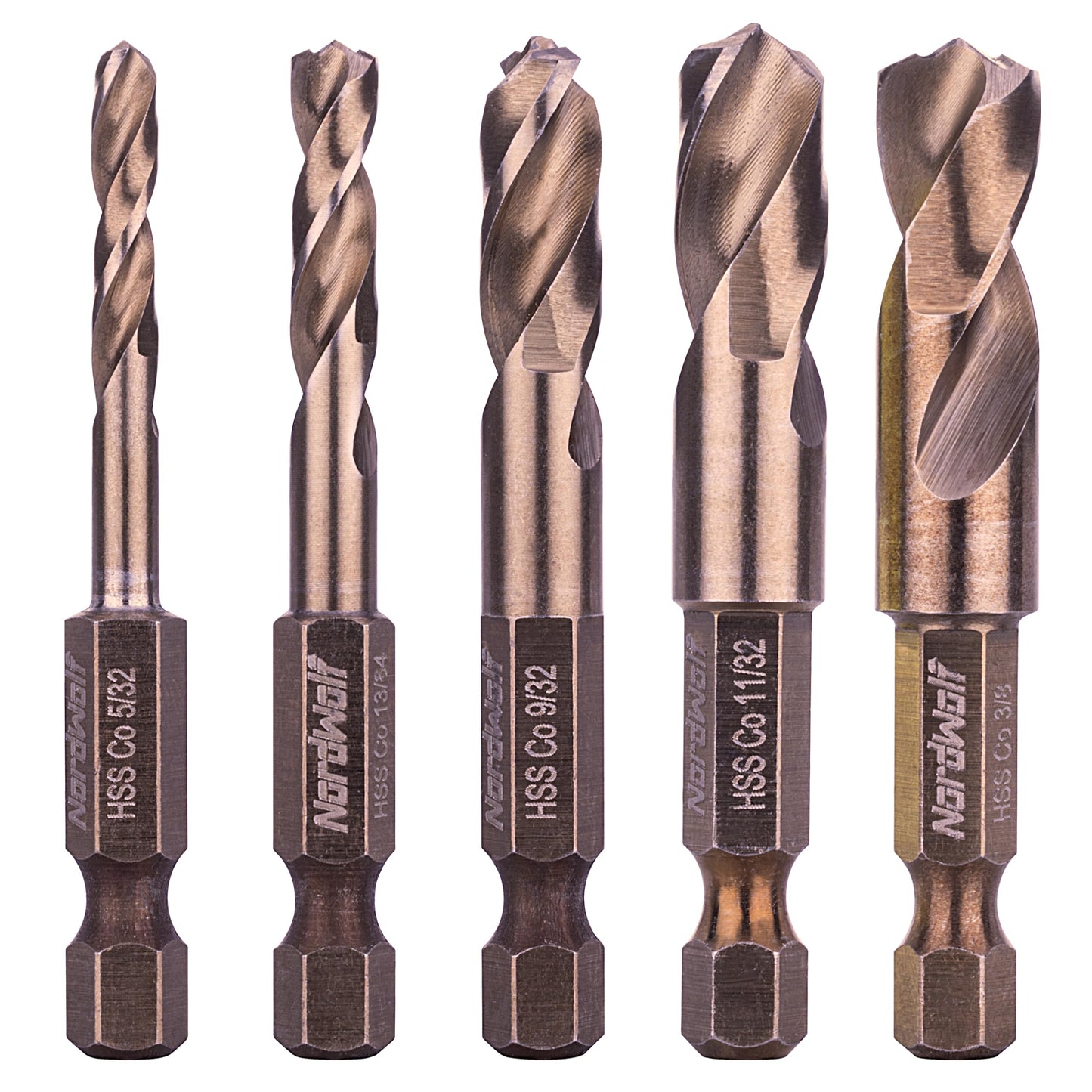 NordWolf 5-Piece M35 Cobalt Stubby Drill Bit Set for Stainless Steel & Hard Metals, with 1/4" Hex Shank for Quick Chucks & Impact Drivers, SAE Sizes 3/32"-1/8"-3/16"-1/4"-5/16" in Storage Case