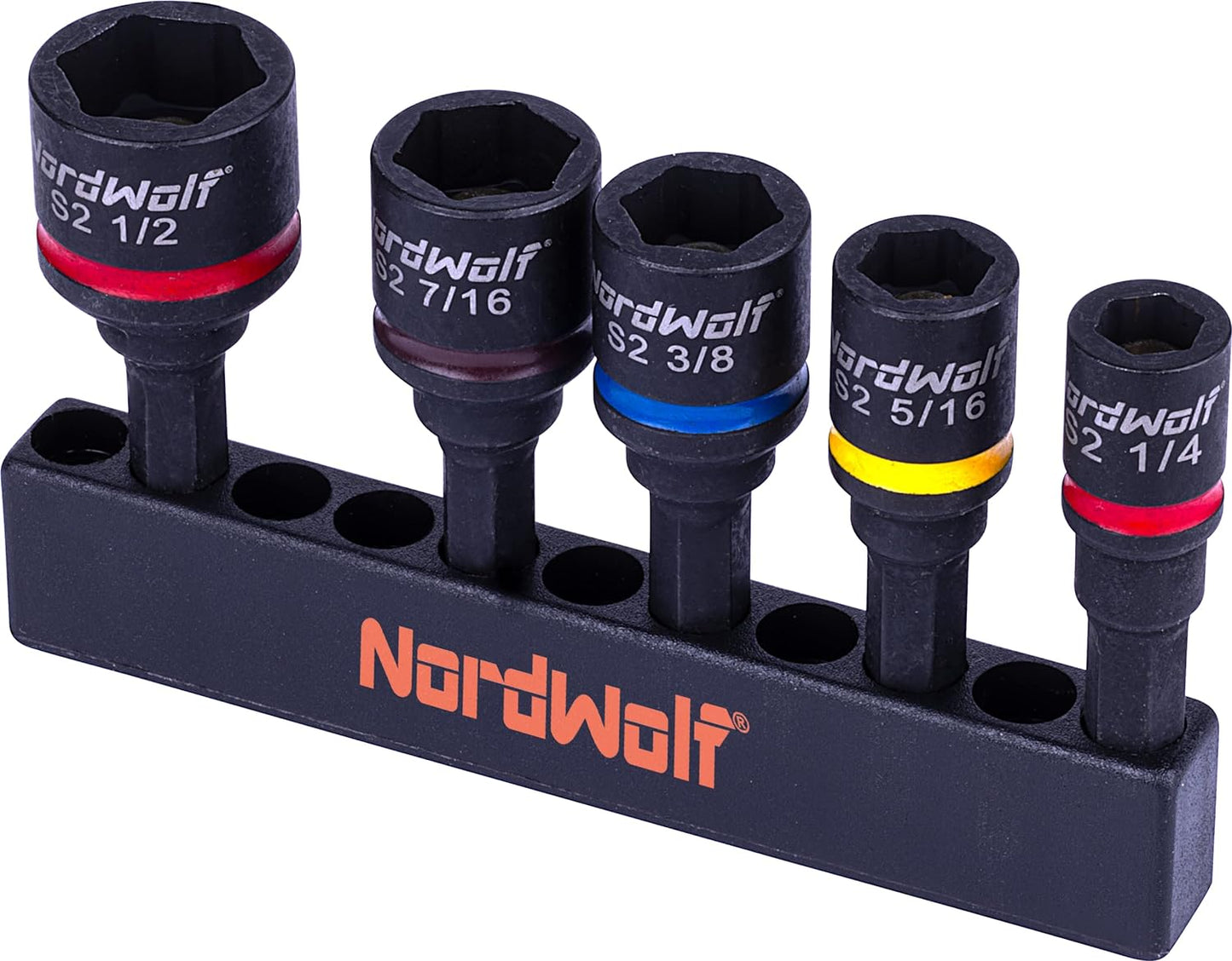 NordWolf 5-Piece SAE Nut Driver Set, S2 Steel Impact Magnetic Nut Setters, Imperial Sizes 1/4"-5/16"-3/8"-7/16"-1/2"