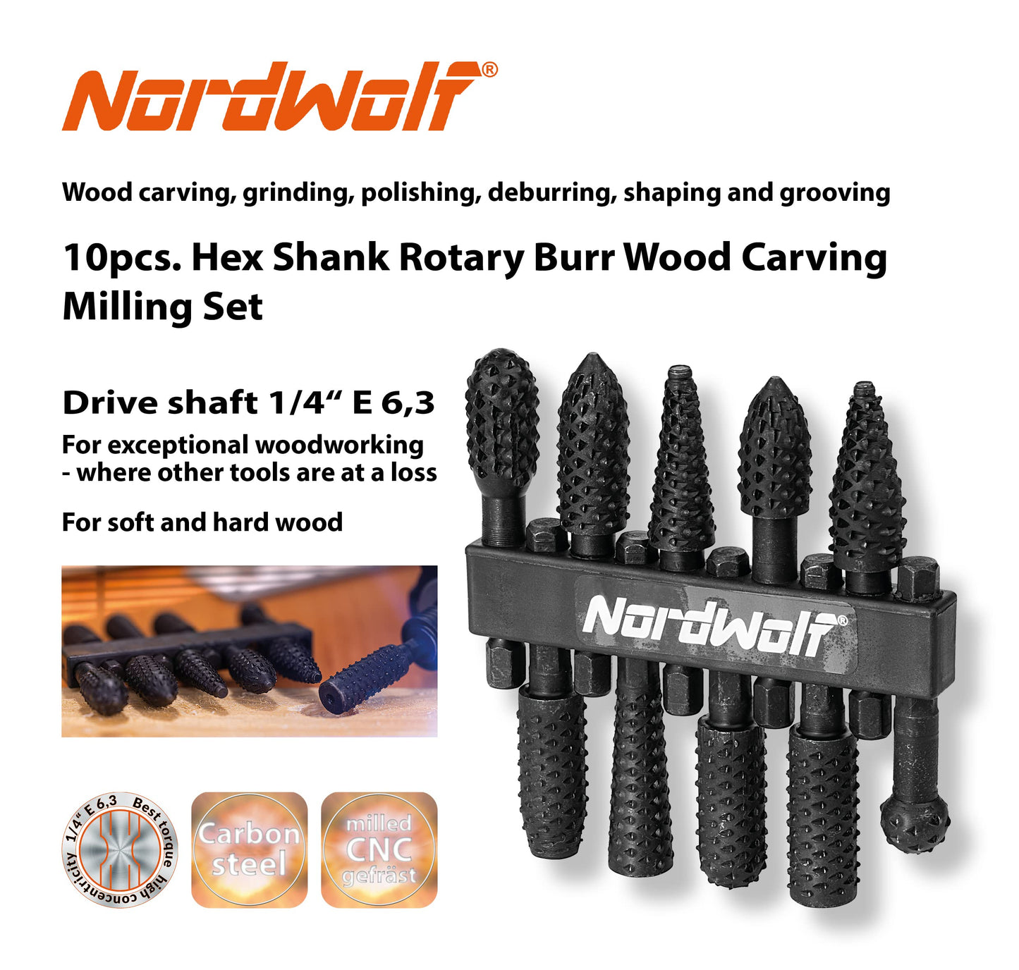 NordWolf 10-Piece Rotary Burr Wood Carving Rasp Files Set, with 1/4" Hex Shank for Wood & Rubber Deburring, Shaping and Grooving