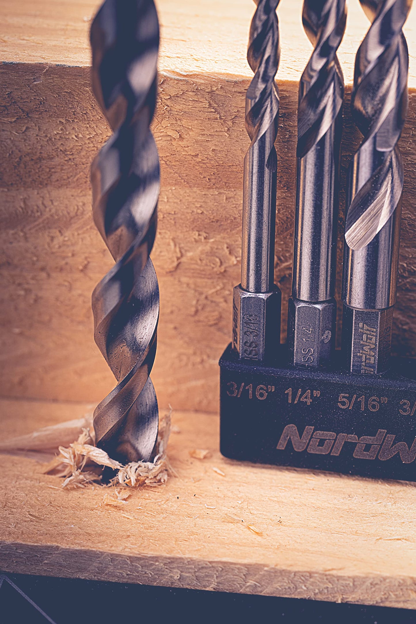 NordWolf 12-Piece Brad Point Wood Drill Bit Set for Carpenter Woodworking, Double Flutes Design with 1/4" Hex Shank, SAE Sizes 1/8" to 1/2"