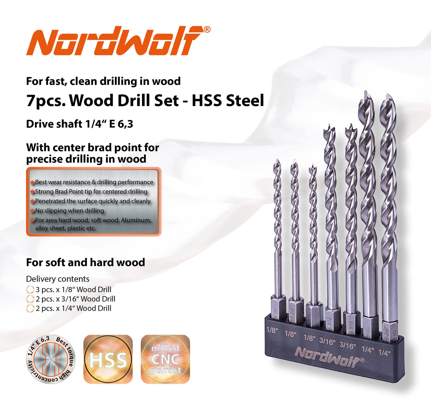 NordWolf 12-Piece Brad Point Wood Drill Bit Set for Carpenter Woodworking, Double Flutes Design with 1/4" Hex Shank, SAE Sizes 1/8" to 1/2"