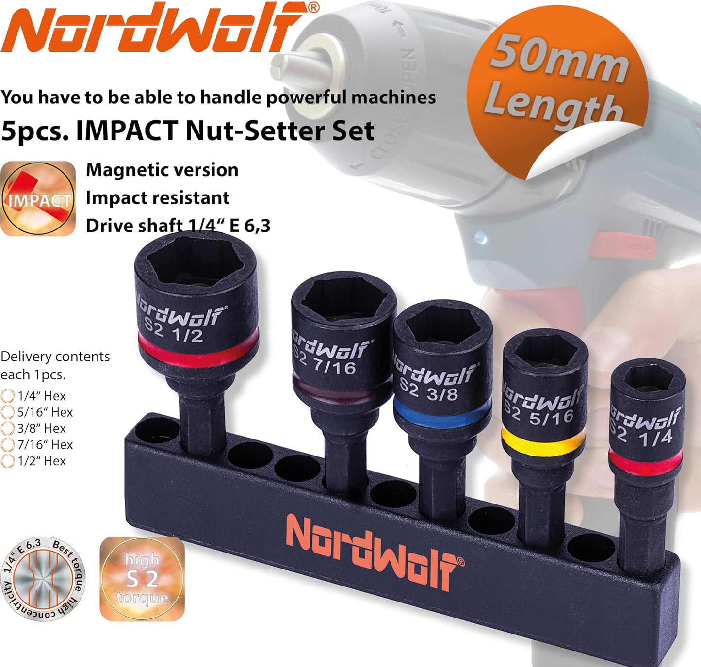 NordWolf 5-Piece SAE Nut Driver Set, S2 Steel Impact Magnetic Nut Setters, Imperial Sizes 1/4"-5/16"-3/8"-7/16"-1/2"