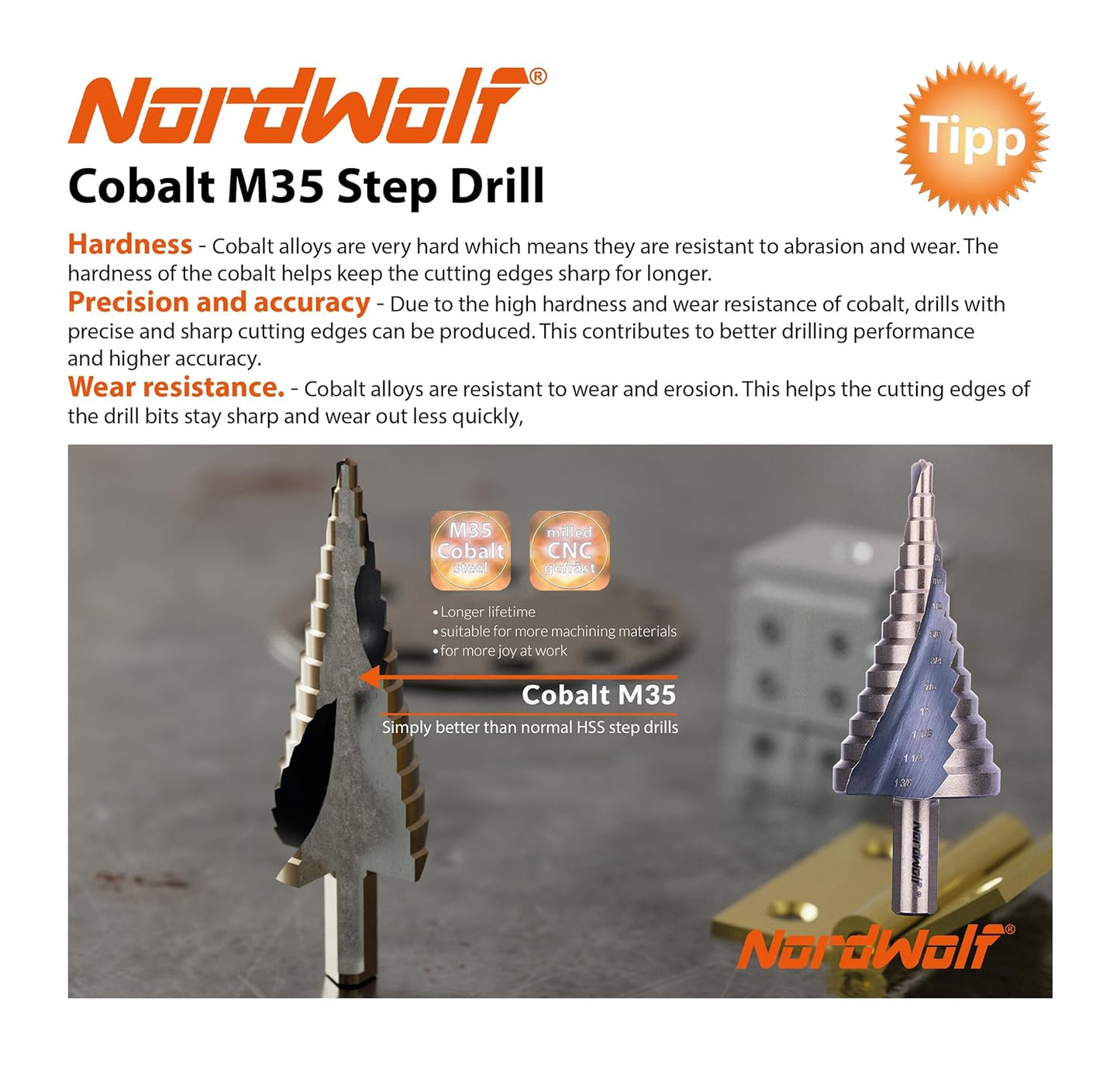 NordWolf M35 Cobalt Step Drill Bit, Spiral Groove Double Flute Multiple Hole Unibit for Stainless Steel & Metal Sheet, 13 SAE Step Sizes 3/16" to 1-3/8"