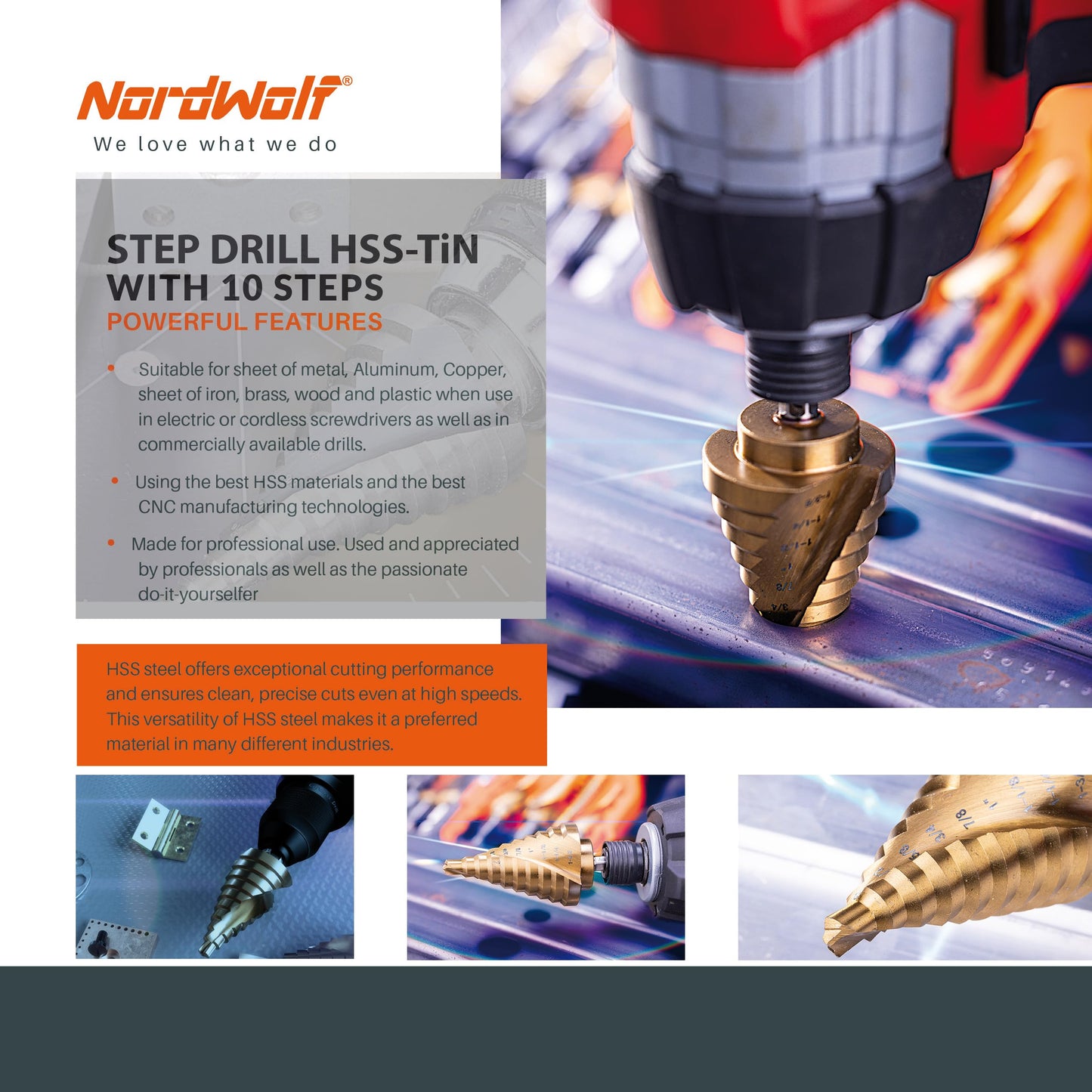 NordWolf HSS Titanium Step Drill Bit, Spiral Groove Double Flute Multiple Hole Unibit for Sheet Metal, 10 SAE Step Sizes 1/4" to 1-3/8"