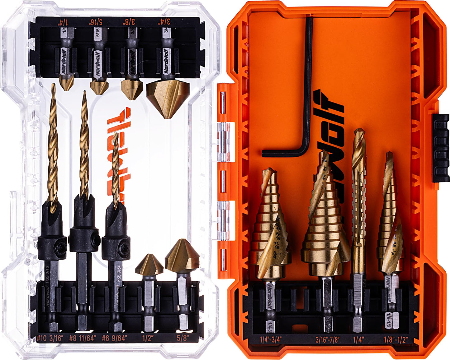 NordWolf 12-Piece HSS Titanium Metric Step, Countersink, Cone Drills with 1/4" Hex Shank, Multi Drill Saw & Automatic Center Punch Combination Set in Storage Case