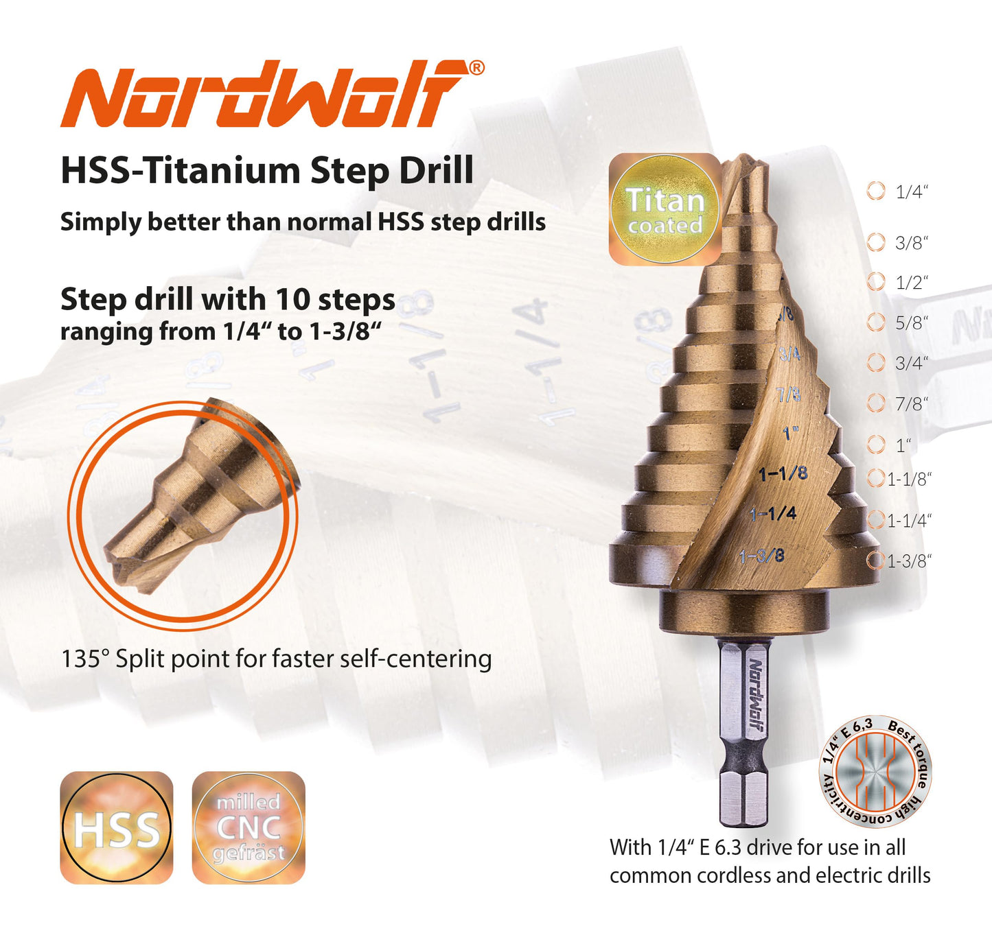 NordWolf HSS Titanium Step Drill Bit, Spiral Groove Double Flute Multiple Hole Unibit for Sheet Metal, 10 SAE Step Sizes 1/4" to 1-3/8"