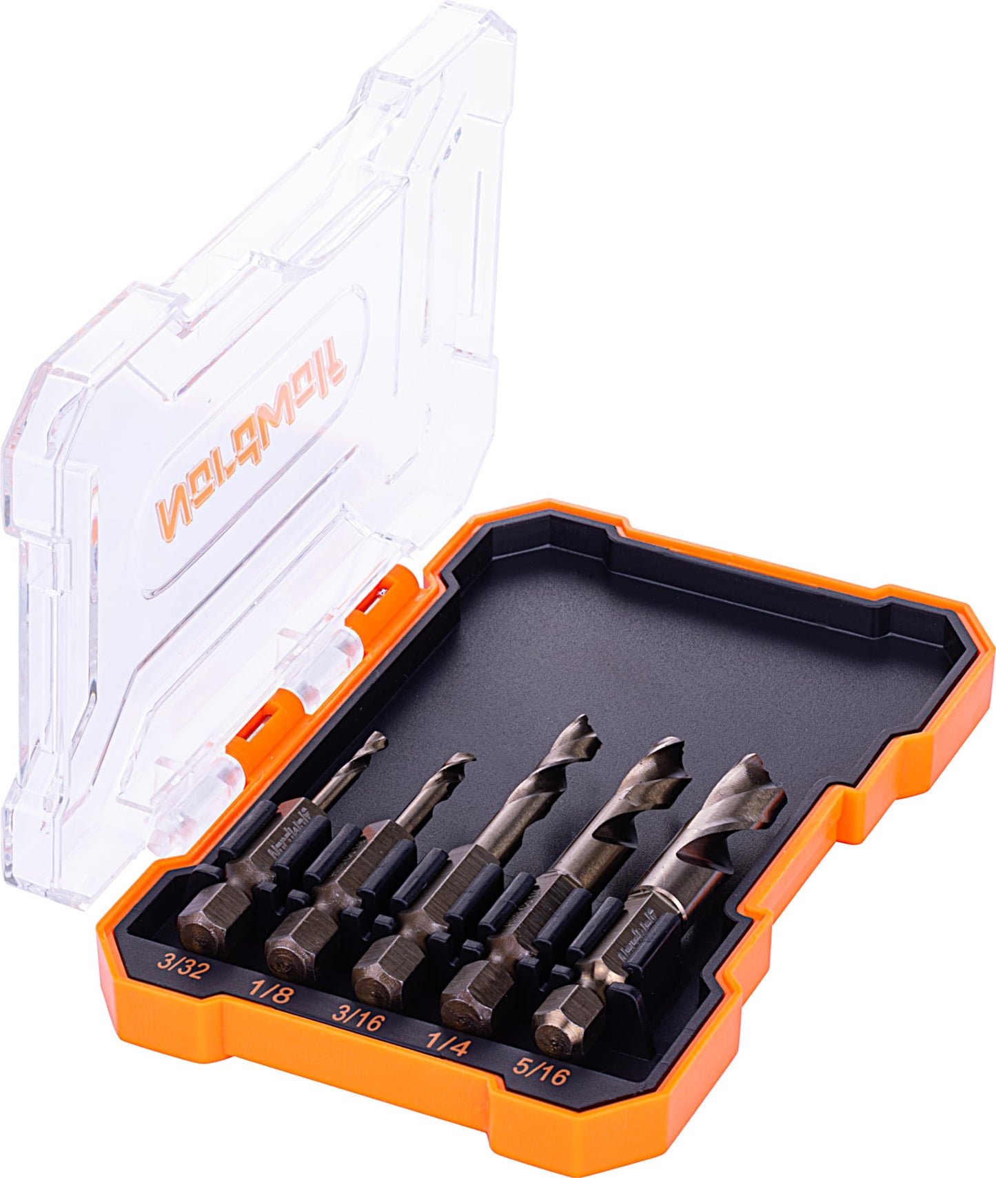 NordWolf 5-Piece M35 Cobalt Stubby Drill Bit Set for Stainless Steel & Hard Metals, with 1/4" Hex Shank for Quick Chucks & Impact Drivers, SAE Sizes 3/32"-1/8"-3/16"-1/4"-5/16" in Storage Case