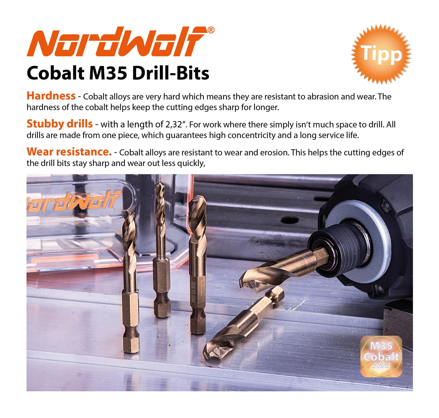 NordWolf 5-Piece M35 Cobalt Stubby Drill Bit Set for Stainless Steel & Hard Metals, with 1/4" Hex Shank for Quick Chucks & Impact Drivers, SAE Sizes 3/32"-1/8"-3/16"-1/4"-5/16" in Storage Case