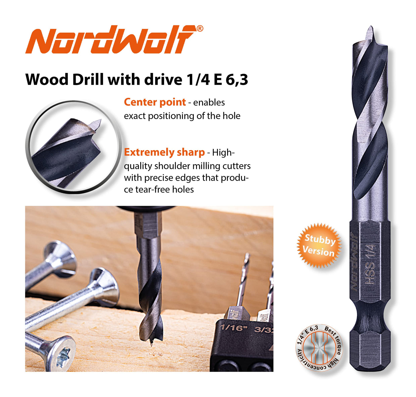 NordWolf 12-Piece Brad Point Wood Drill Bit Set for Carpenter Woodworking, Double Flutes Design with 1/4" Hex Shank, SAE Sizes 1/8" to 1/2"