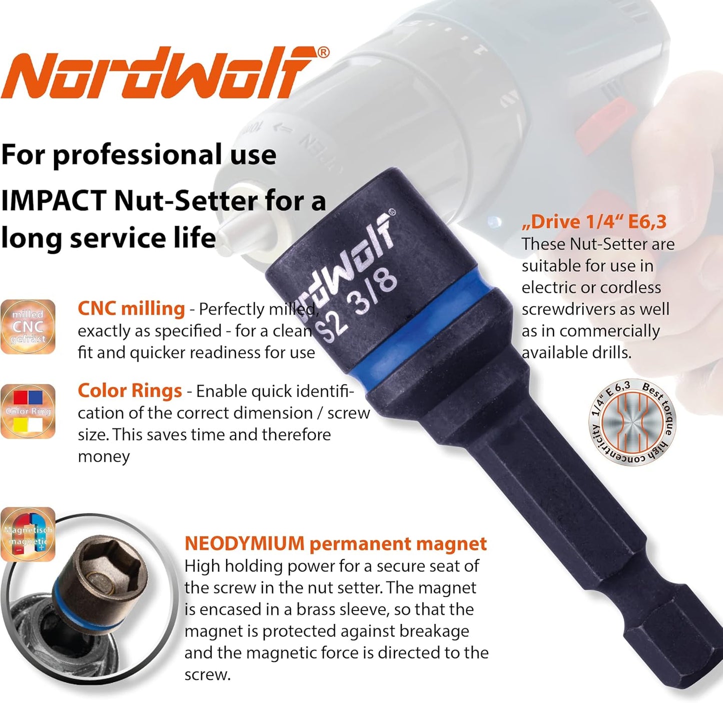 NordWolf 5-Piece SAE Nut Driver Set, S2 Steel Impact Magnetic Nut Setters, Imperial Sizes 1/4"-5/16"-3/8"-7/16"-1/2"