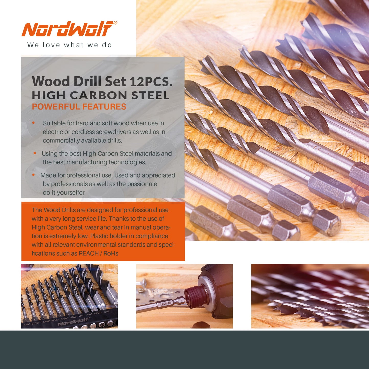 NordWolf 12-Piece Brad Point Wood Drill Bit Set for Carpenter Woodworking, Double Flutes Design with 1/4" Hex Shank, SAE Sizes 1/8" to 1/2"