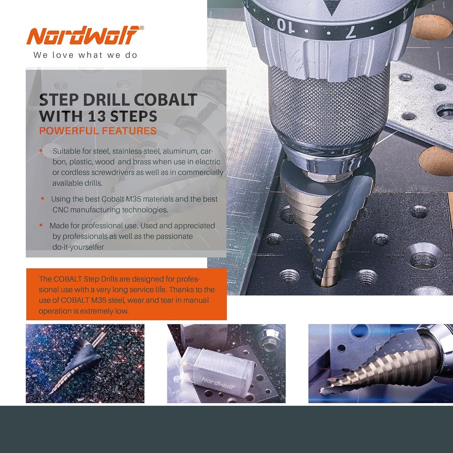 NordWolf M35 Cobalt Step Drill Bit, Spiral Groove Double Flute Multiple Hole Unibit for Stainless Steel & Metal Sheet, 13 SAE Step Sizes 3/16" to 1-3/8"