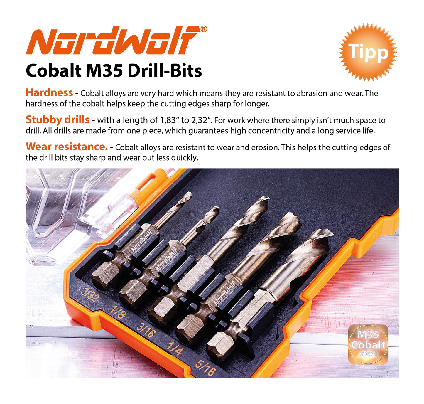 NordWolf 5-Piece M35 Cobalt Stubby Drill Bit Set for Stainless Steel & Hard Metals, with 1/4" Hex Shank for Quick Chucks & Impact Drivers, SAE Sizes 3/32"-1/8"-3/16"-1/4"-5/16" in Storage Case