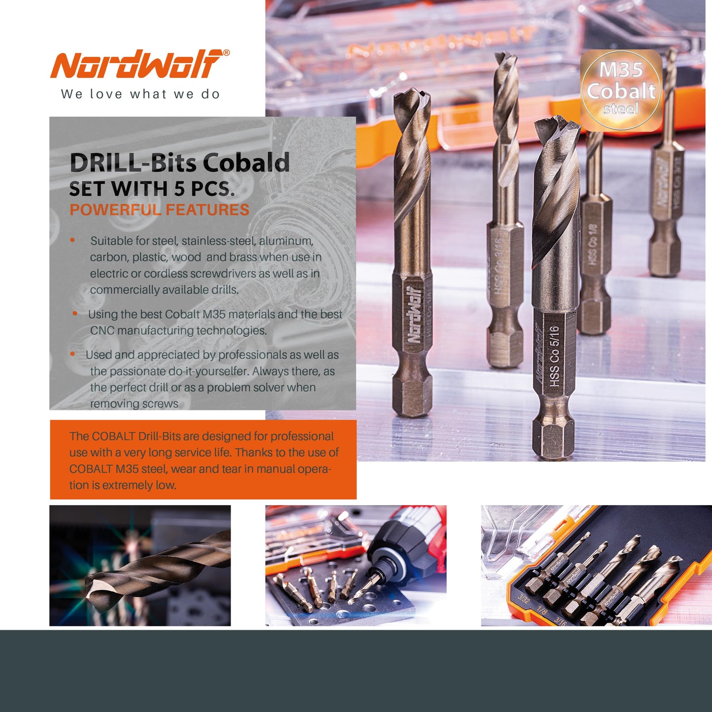 NordWolf 5-Piece M35 Cobalt Stubby Drill Bit Set for Stainless Steel & Hard Metals, with 1/4" Hex Shank for Quick Chucks & Impact Drivers, SAE Sizes 3/32"-1/8"-3/16"-1/4"-5/16" in Storage Case