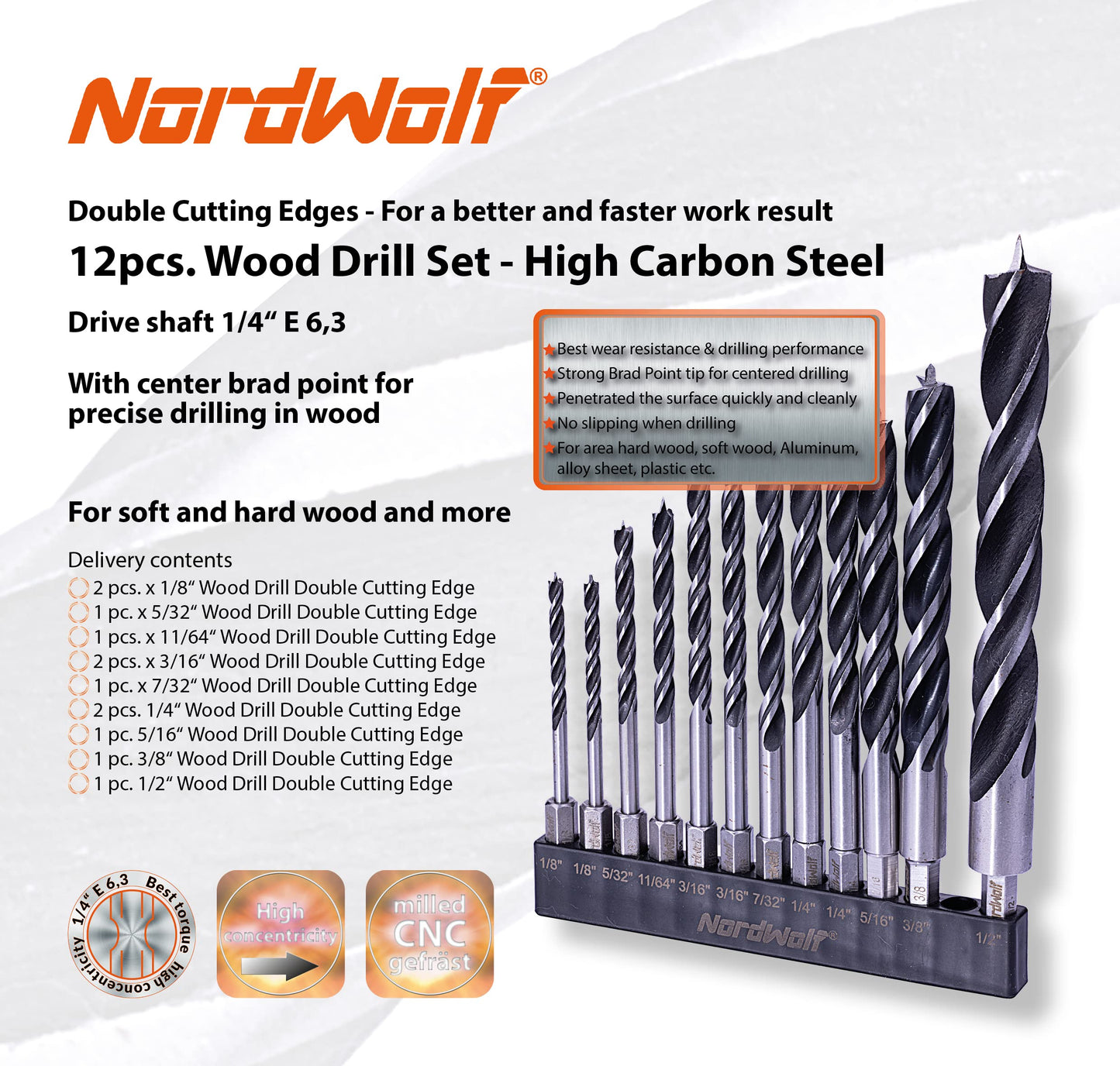 NordWolf 12-Piece Brad Point Wood Drill Bit Set for Carpenter Woodworking, Double Flutes Design with 1/4" Hex Shank, SAE Sizes 1/8" to 1/2"