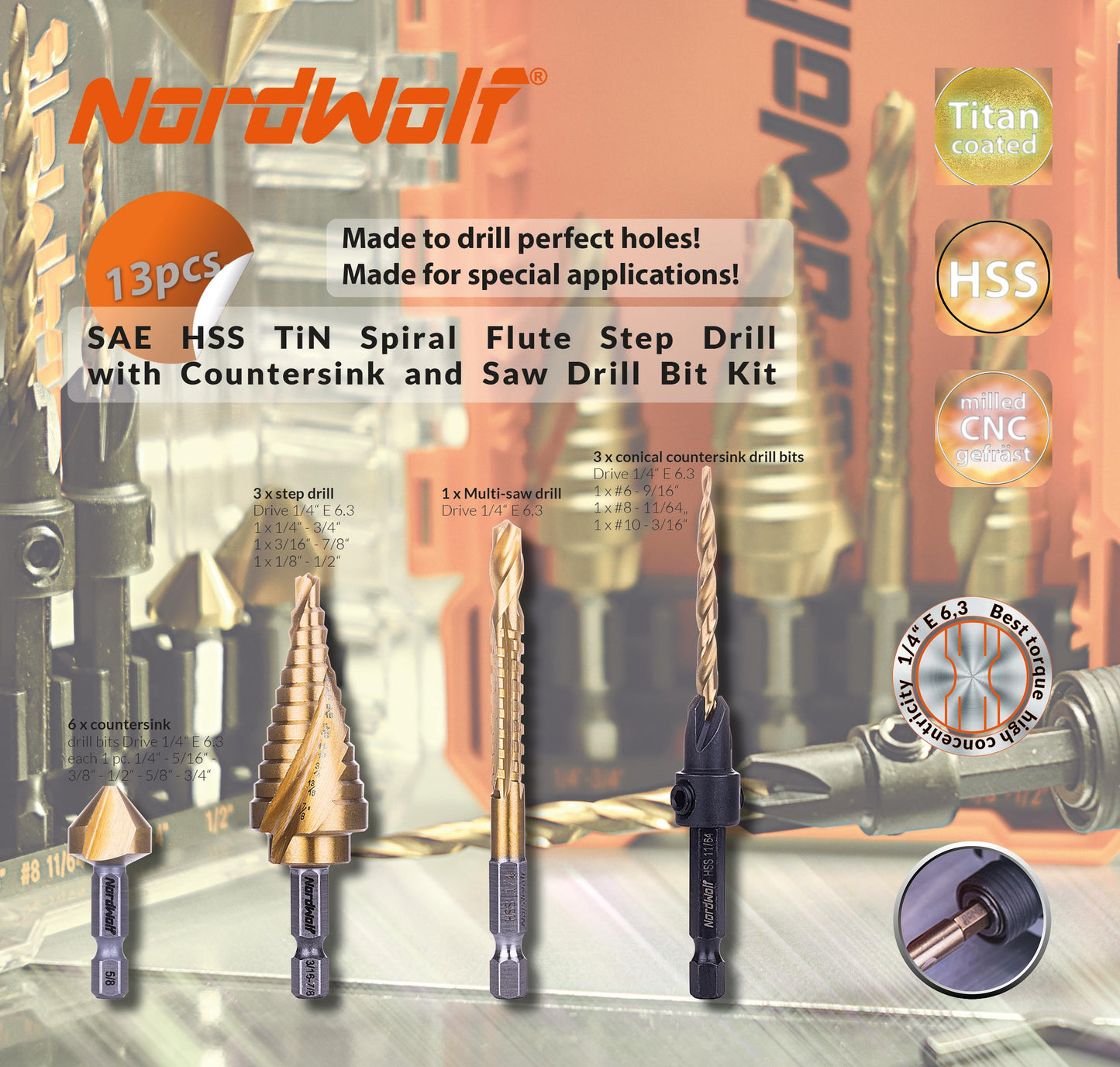 NordWolf 12-Piece HSS Titanium Metric Step, Countersink, Cone Drills with 1/4" Hex Shank, Multi Drill Saw & Automatic Center Punch Combination Set in Storage Case