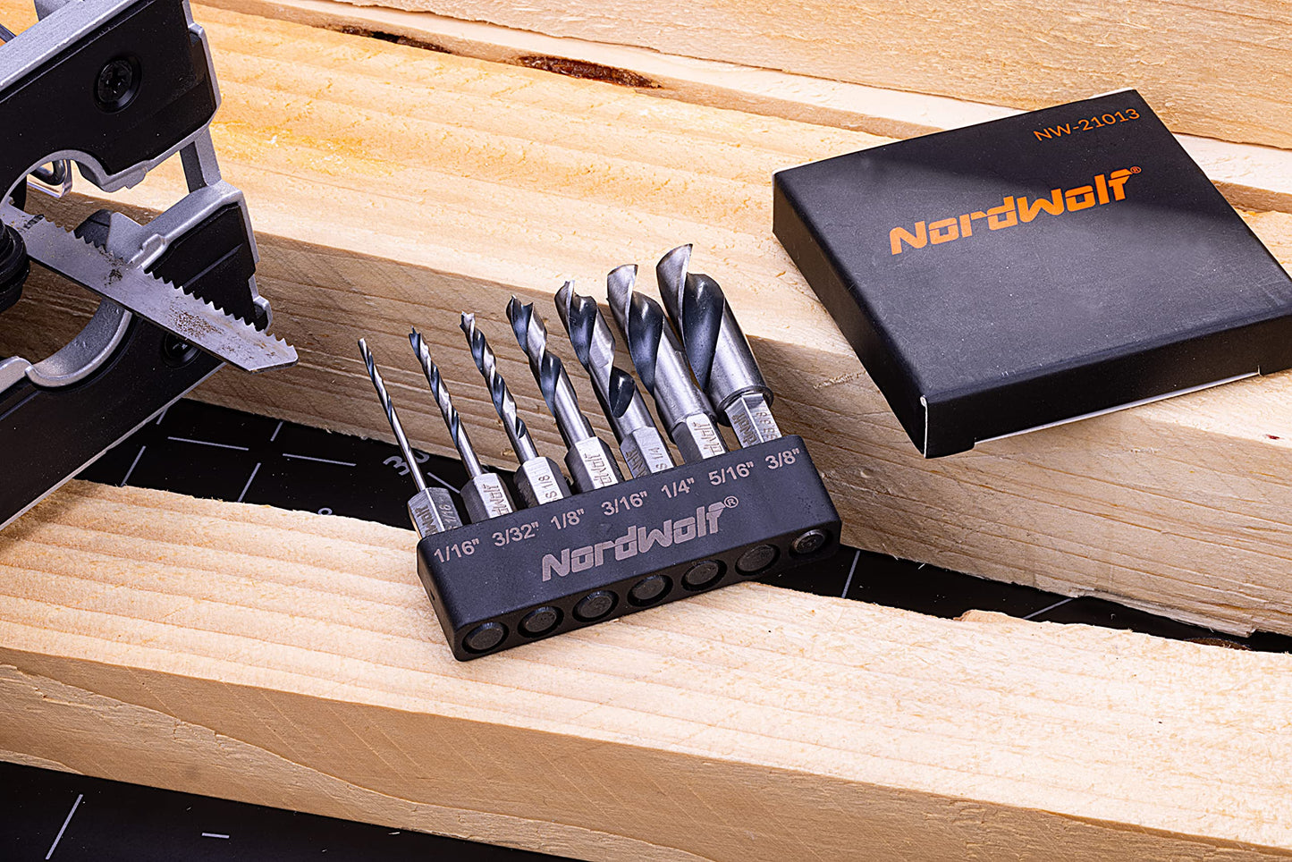 NordWolf 12-Piece Brad Point Wood Drill Bit Set for Carpenter Woodworking, Double Flutes Design with 1/4" Hex Shank, SAE Sizes 1/8" to 1/2"