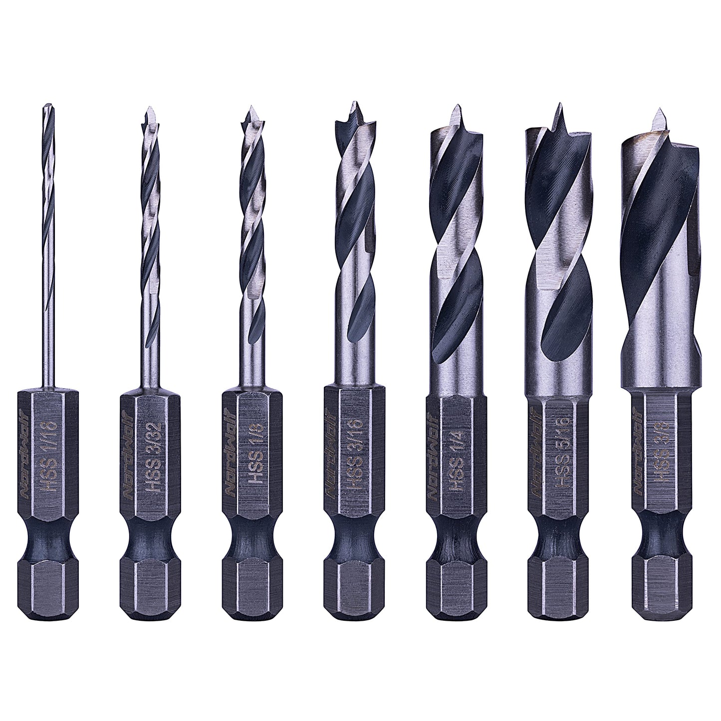 NordWolf 12-Piece Brad Point Wood Drill Bit Set for Carpenter Woodworking, Double Flutes Design with 1/4" Hex Shank, SAE Sizes 1/8" to 1/2"