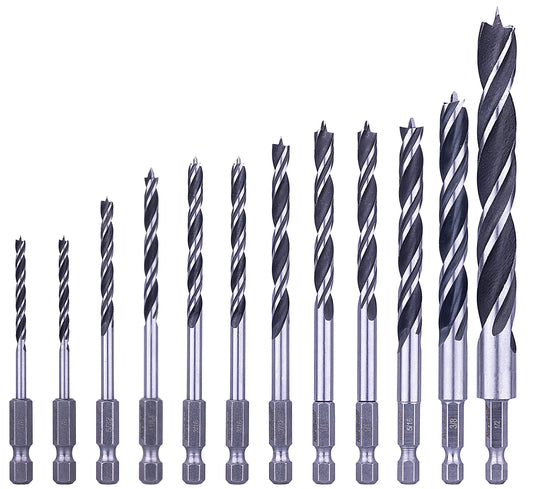 NordWolf 12-Piece Brad Point Wood Drill Bit Set for Carpenter Woodworking, Double Flutes Design with 1/4" Hex Shank, SAE Sizes 1/8" to 1/2"