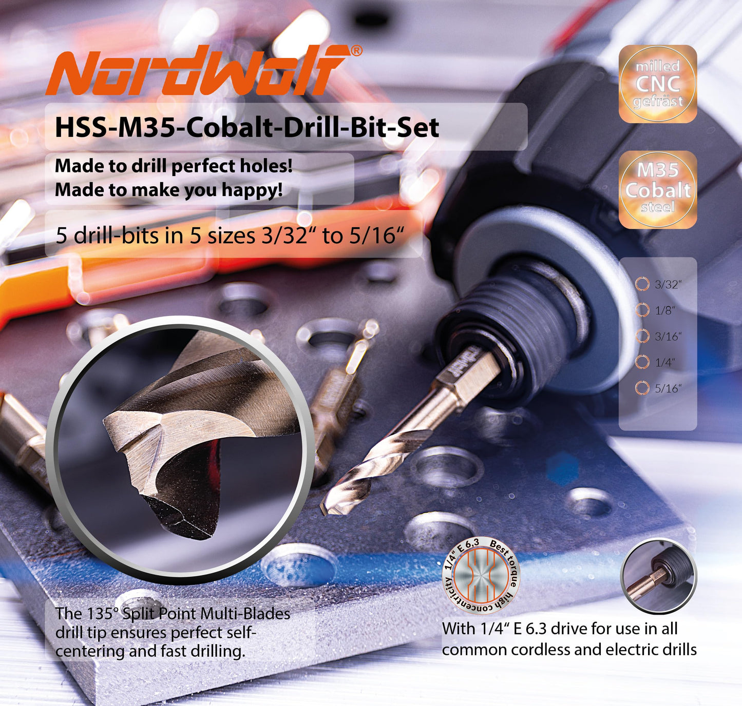 NordWolf 5-Piece M35 Cobalt Stubby Drill Bit Set for Stainless Steel & Hard Metals, with 1/4" Hex Shank for Quick Chucks & Impact Drivers, SAE Sizes 3/32"-1/8"-3/16"-1/4"-5/16" in Storage Case